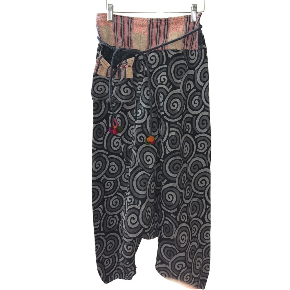 Thai Cotton Harem Pants Grey Spiral Print Boho Drop Crotch Pom Pom Belt OS